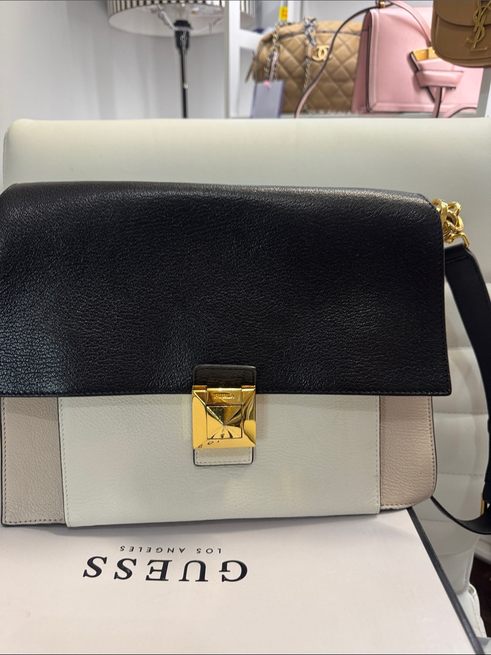 Furla three-Tone Black and Cream Leather Shoulder Bag with Gold Hardware